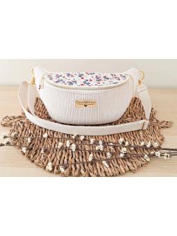 Sac banane velours beige et fleuri